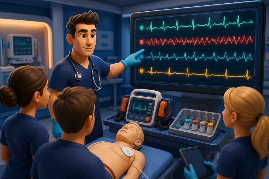 ทีม ACLS ฝึกอ่านคลื่นไฟฟ้าหัวใจ ใช้เครื่องช็อกไฟฟ้า และตัดสินใจให้ยา